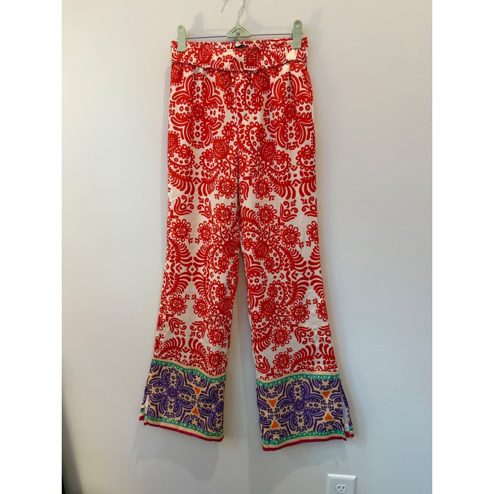 Zara Women's XS Orange White Floral Wide Leg Pants Elastic Waist Boho